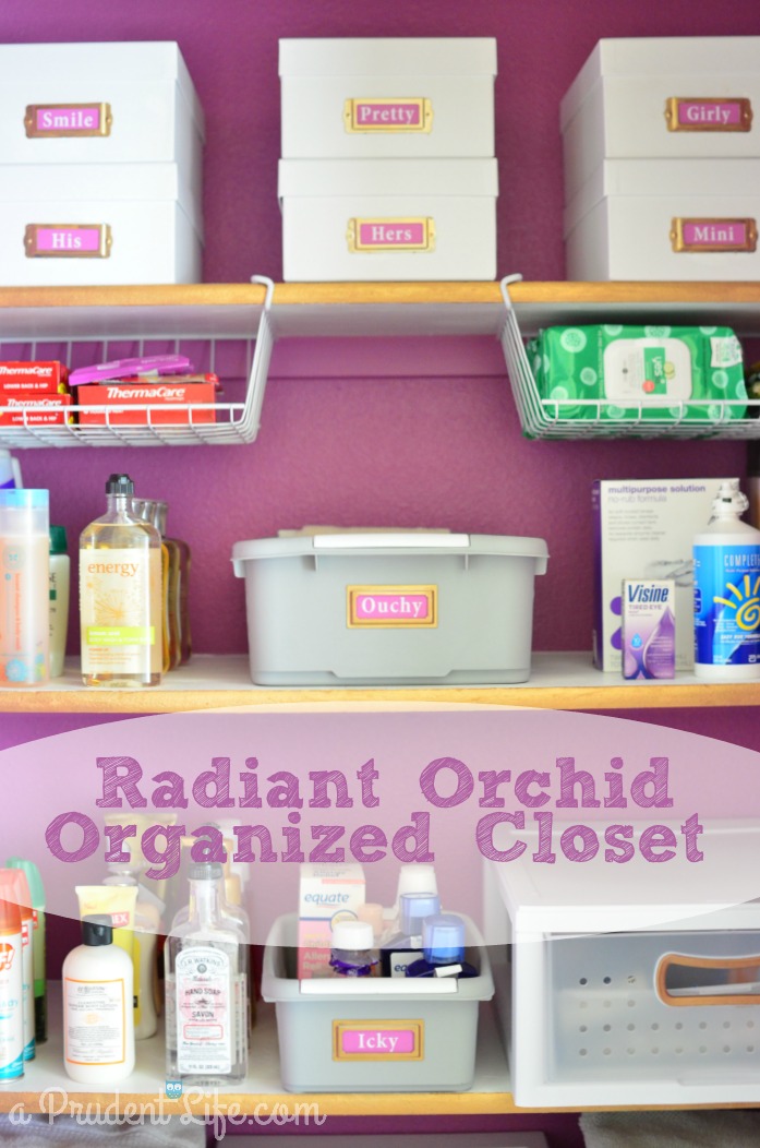 Bathroom closet makeover -organized & stylized with Radiant Orchid paint