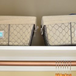 Use baskets on upper shelves to keep closets neat.