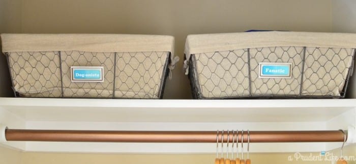 Use baskets on upper shelves to keep closets neat.