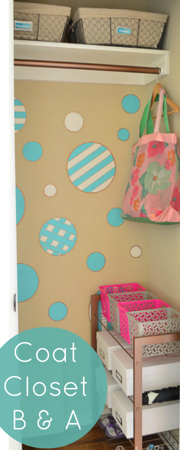 Cute coat closet - you've got to see what the circles were made from! 