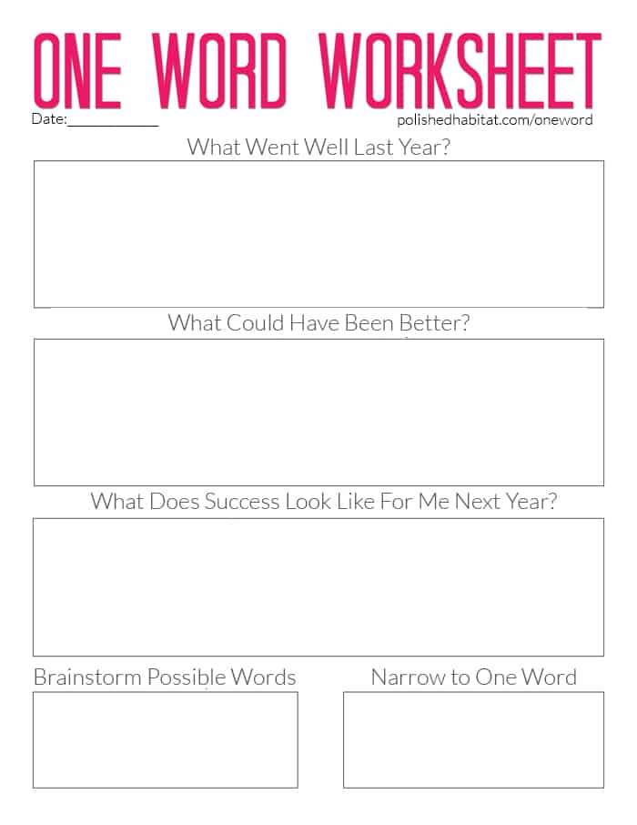 Planning wordsheet for word of the year