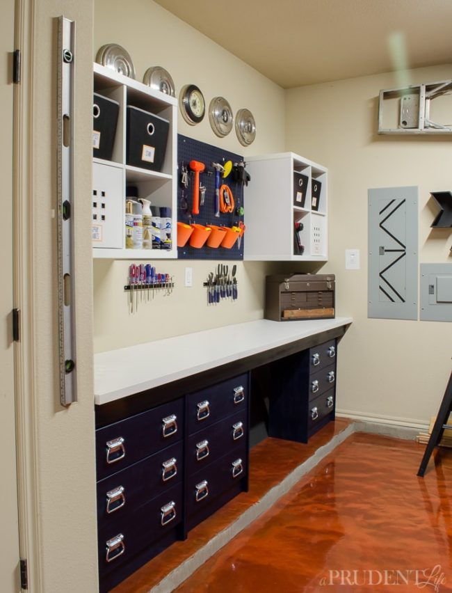 Our DIY work bench was put together with IKEA supplies to keep the price low. Using RAST dressers, LINNMON table tops, and KALLAX shelves let us customize the perfect space on a budget.