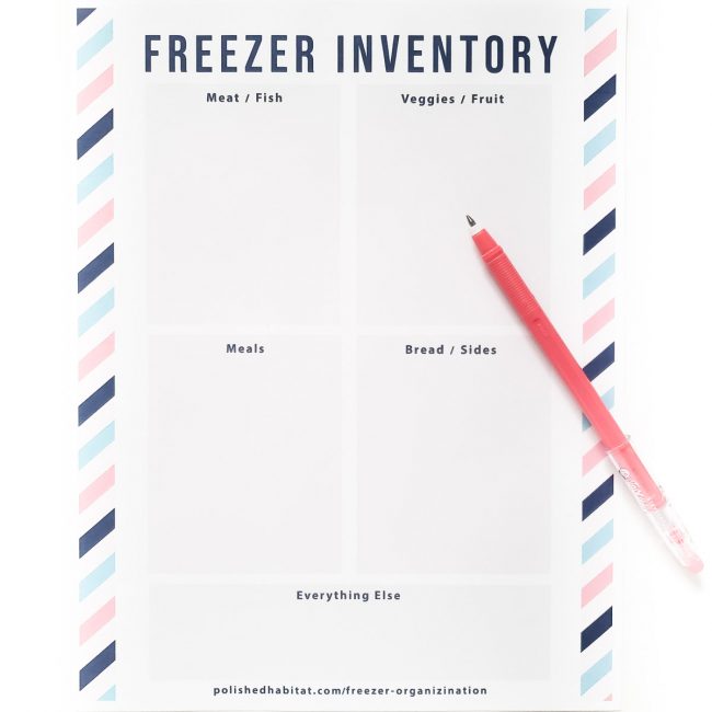 Freezer Inventory Printable with sections for meat, veggies, meals, and bread/sides