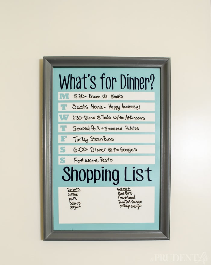 DIY MENU BOARD - Keep your family on the same page with a dry erase menu board. We use it to remind us that we have meals planned and don't need to eat out, but it also helps prevent the common "What's for dinner?" question from being asked 72 times a day!