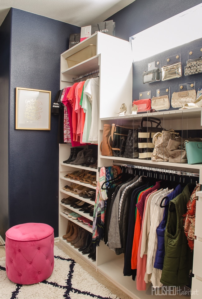 You won't believe this master closet before and after - and it's was all DIYed to save money! We started with dysfunction beige on beige, and turned it into organized glam.