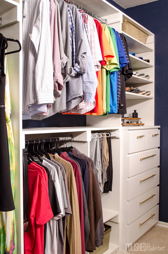 His side of this dreamy DIY closet started with an IKEA MALM hack. Adding inexpensive hardware and building it into the closet makes it look completely custom.