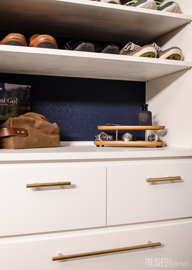His side of this dreamy DIY closet started with an IKEA MALM hack. Adding inexpensive hardware and building it into the closet makes it look completely custom.