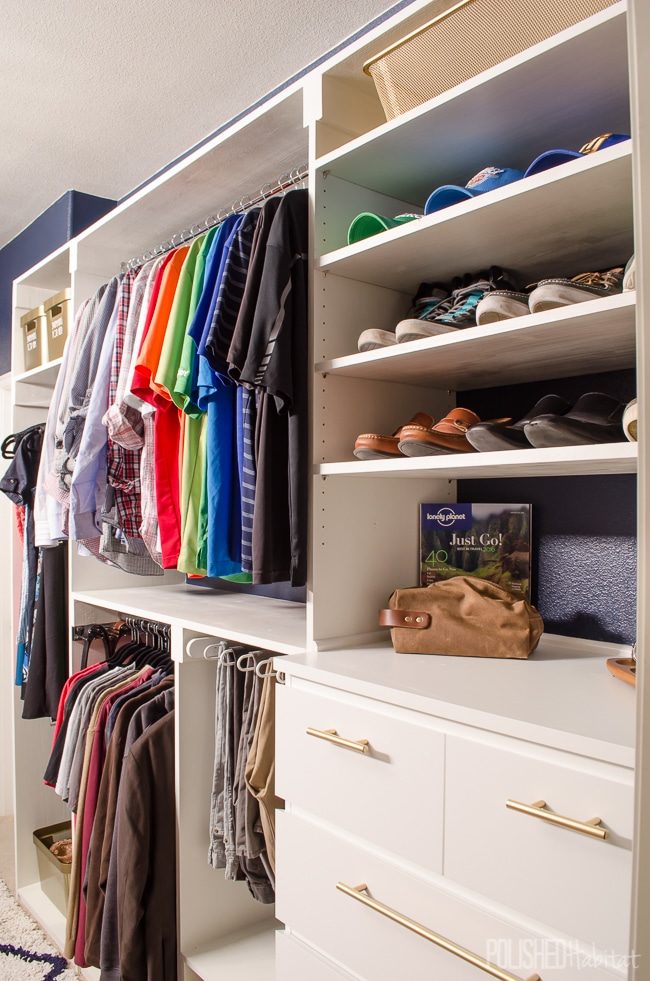 This organized master closet was a complete DIY project, with a little help from IKEA dressers as starting points. I love all the built-in organization! This is just HIS side, click to see HERS!