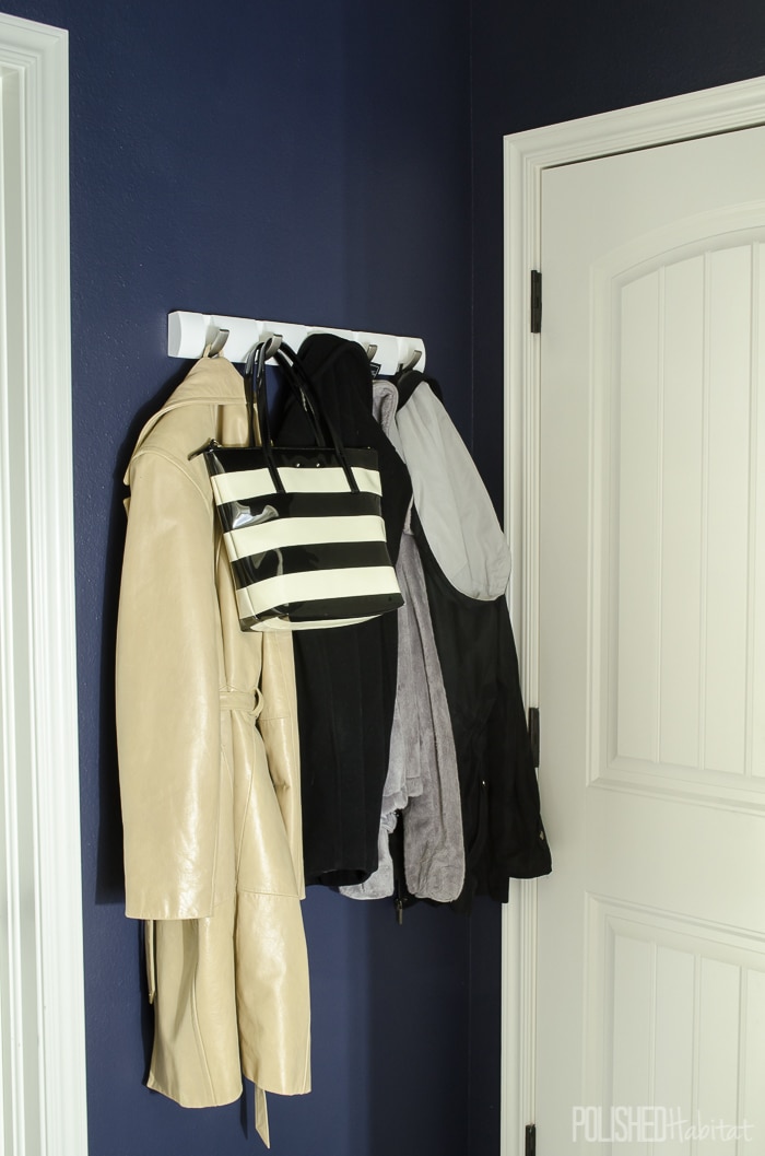 This is my MOST RECOMMENDED coat rack. It's extremely sturdy, and each hook flips down when not in use. They are perfect for organizing small entryways.