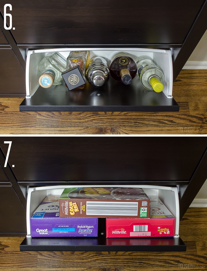 Use an IKEA shoe cabinet to add kitchen storage. Love the ideas to use it for a bar cabinet or cereal. Click to see 12 more things you store in a shoe cabinet! 
