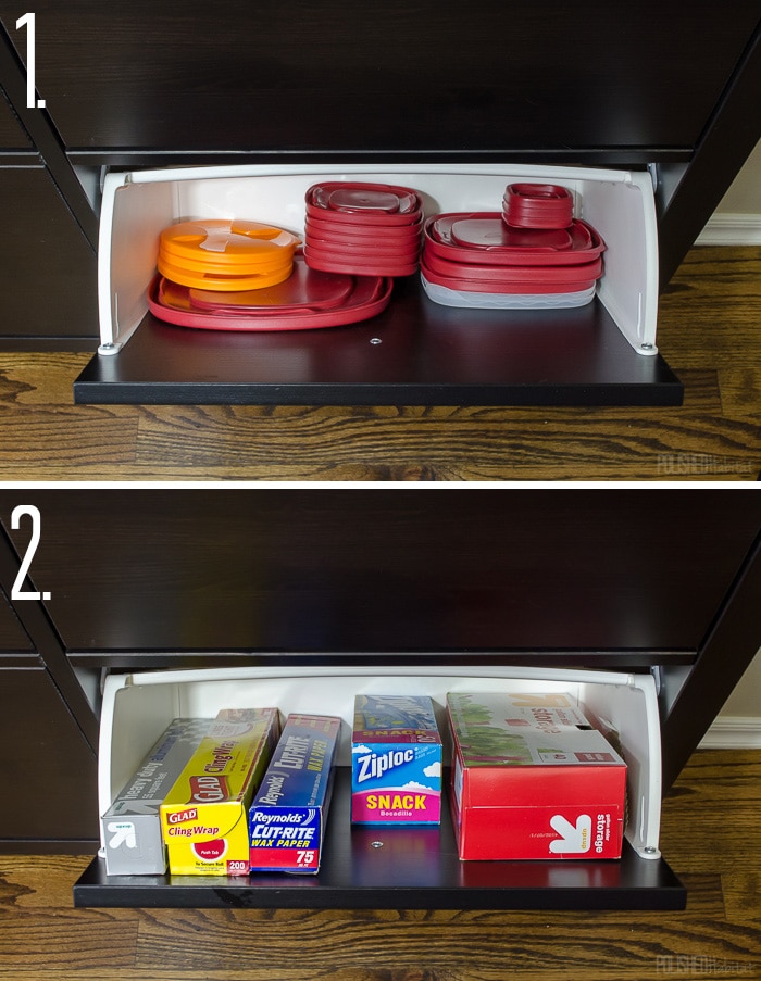 Use an IKEA shoe cabinet to add kitchen storage. Two of the fourteen ideas in this post are to use them for tupperware lids and food storage items. Click to see the other 12 ideas! 