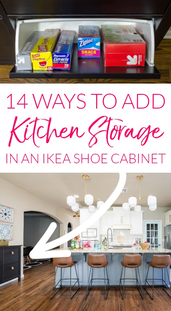 Ikea shoe cabinet in kitchen used as storage