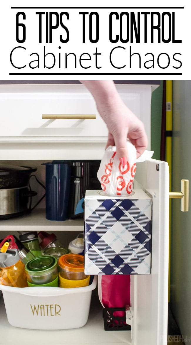 Brilliant! Use a tissue box on the inside of a cabinet door to store plastic bags. Click to see all 6 cabinet organizing tips!