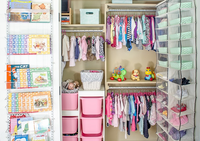 This is the baby closet organization of my dreams! I love that all the storage solutions keep working through the toddler years and onto school.