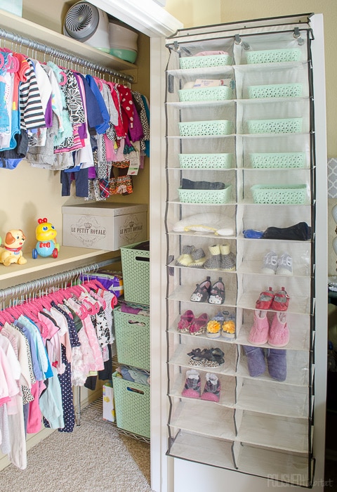 Add storage to a baby's closet with an inexpensive shoe organizer. Click for more closet ideas that will grow right along with baby