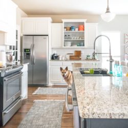 White kitchen with aqua accents, dark island, and granite