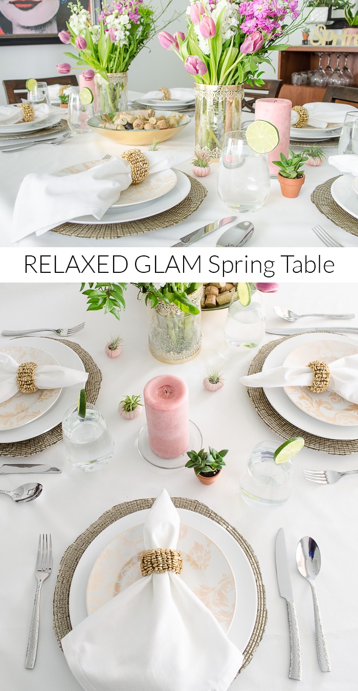 Looking for pretty place setting ideas for spring? I love this relaxed glam option. The whites and metallics are balanced out with pops of color from flowers, succulents, and air plants. The live plants give the table a fresh feel! 