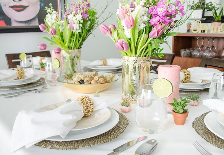 My relaxed glam spring tablescape. Love the pops of green and pink!