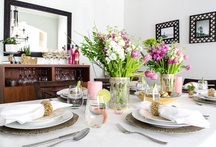 My relaxed glam spring tablescape. Love the pops of green and pink!