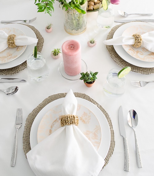 My relaxed glam spring tablescape. Love the pops of green and pink!