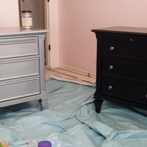 Our old furniture felt so heavy in the bedroom, but two coats of silver paint later, it shines!