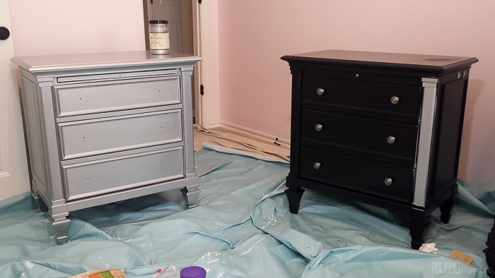 Our old furniture felt so heavy in the bedroom, but two coats of silver paint later, it shines!