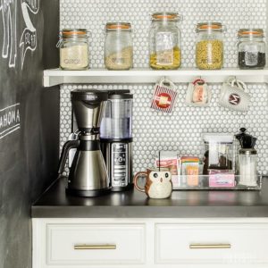 Organizing a coffee bar on the counter let you start your day without frustration. Everything you need is easy to grab while you are still half-asleep. I love that acrylic tray!