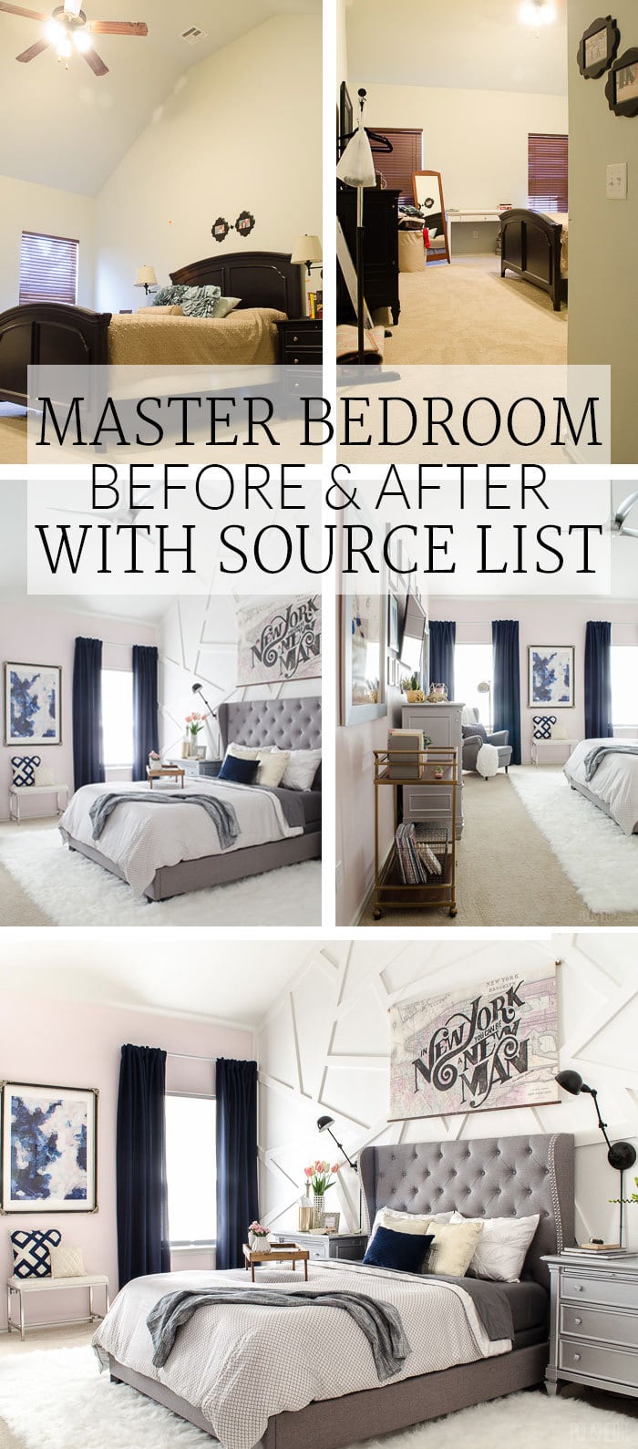 Whoa, the before is like my boring beige master bedroom. I can't believe this transformation! I'm totally ordering that gray tufted headboard! | Master Bedroom Before & After - from boring beige to modern glam