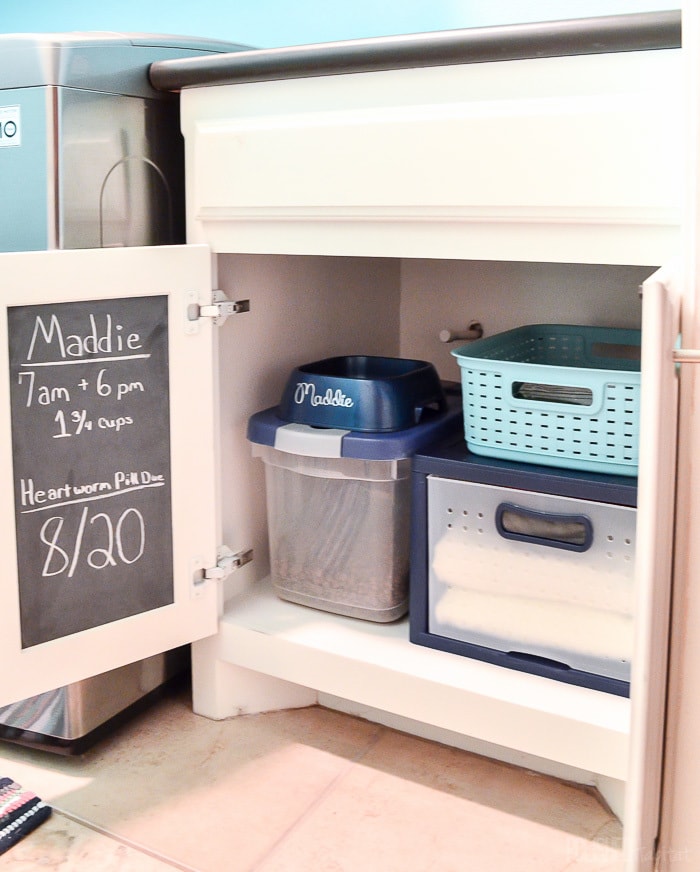 Pets food, medicine, leashes and supplies can create clutter around the house. Corral everything together in one cabinet, using a drawer to double your storage! 