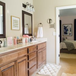Glam Farmhouse Bathroom - Click to see the whole space and how is it organized.