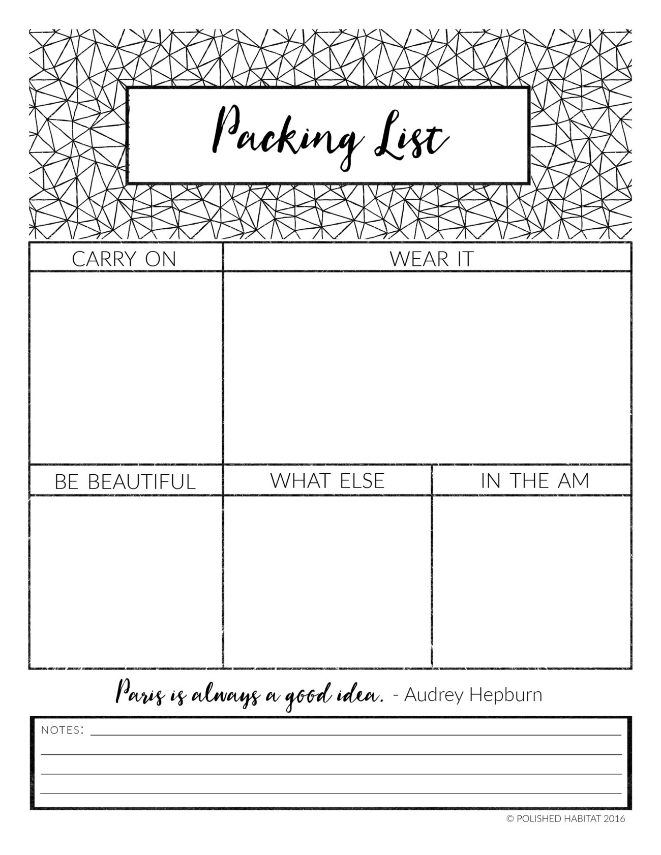 printable packing list