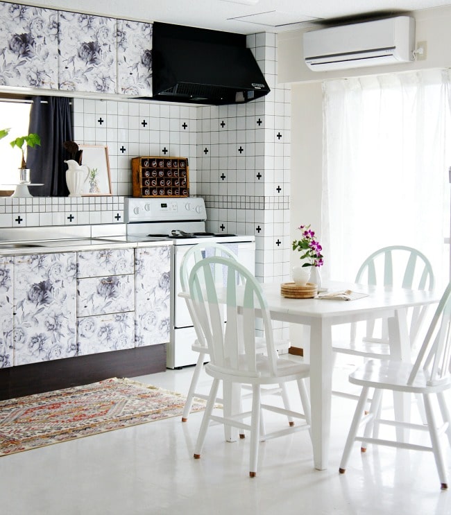 hide ugly kitchen cabinets with removable wallpaper