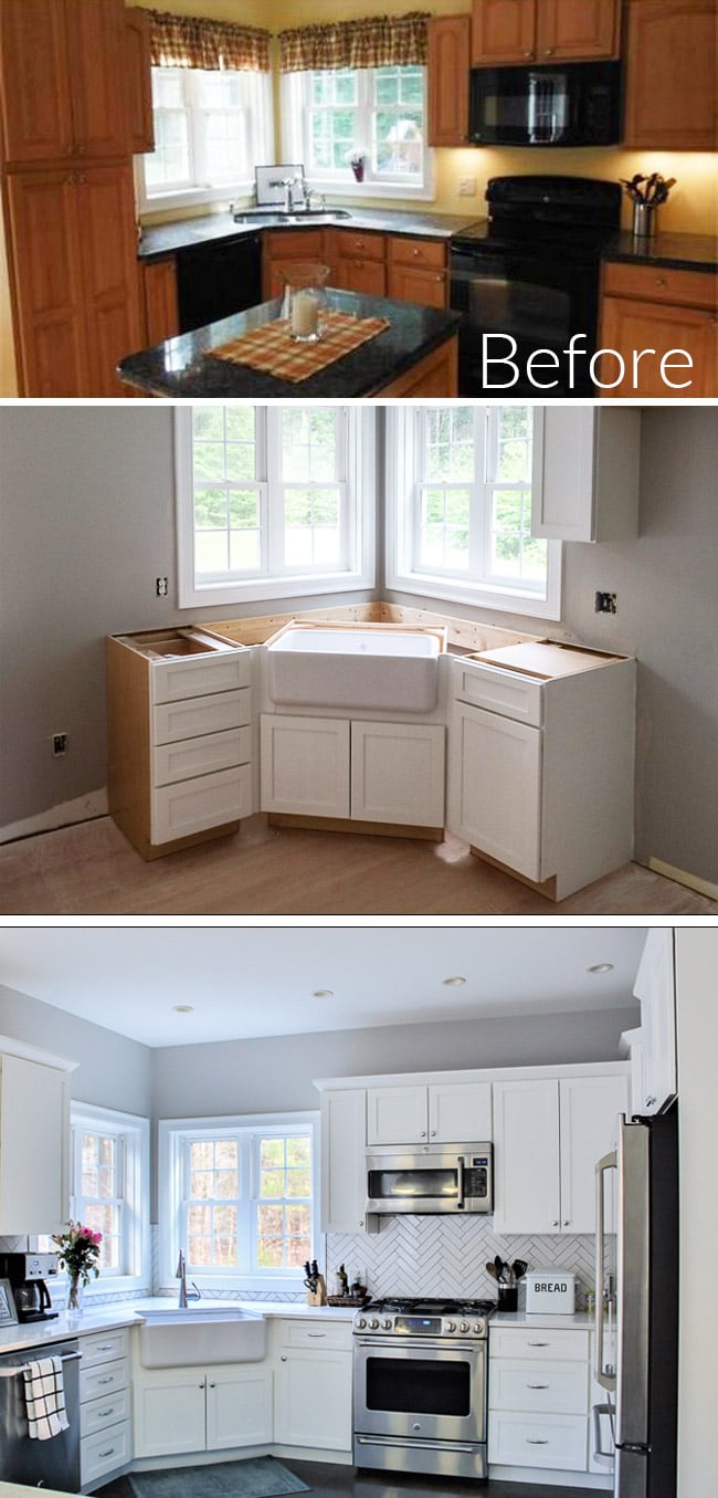 Oak Kitchen Renovation - Before & After from outdated oak to a bright white kitchen that blends modern and farmhouse touches.