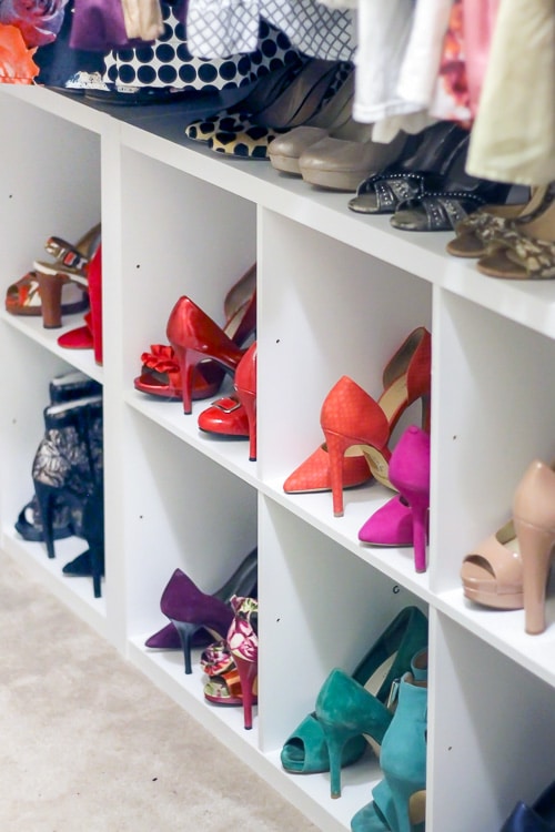 Use storage cubes to add shoe storage in a shared master closet. It's the perfect way to add closet storage for renters or if you don't have the tools or budget for built-in shoe shelves. 