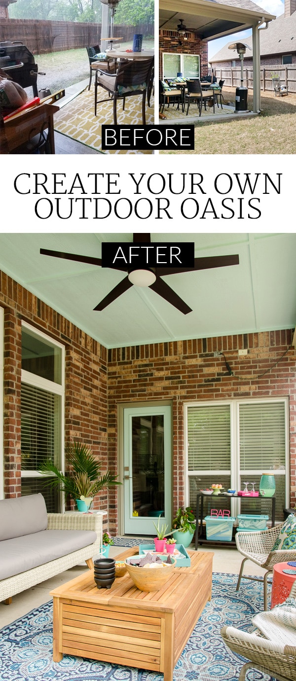 Patio Makeover! This porch went from dreary to a perfect relaxing spot for reading or entertaining. The furniture was provided by Cost Plus World Market. Click for before and more after photos! #ad 