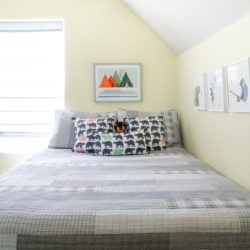 Bear Pillows & Colorful Mountain Art in a Little Boys Camping Room