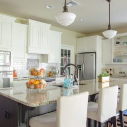 Kitchen with orange and teal accents