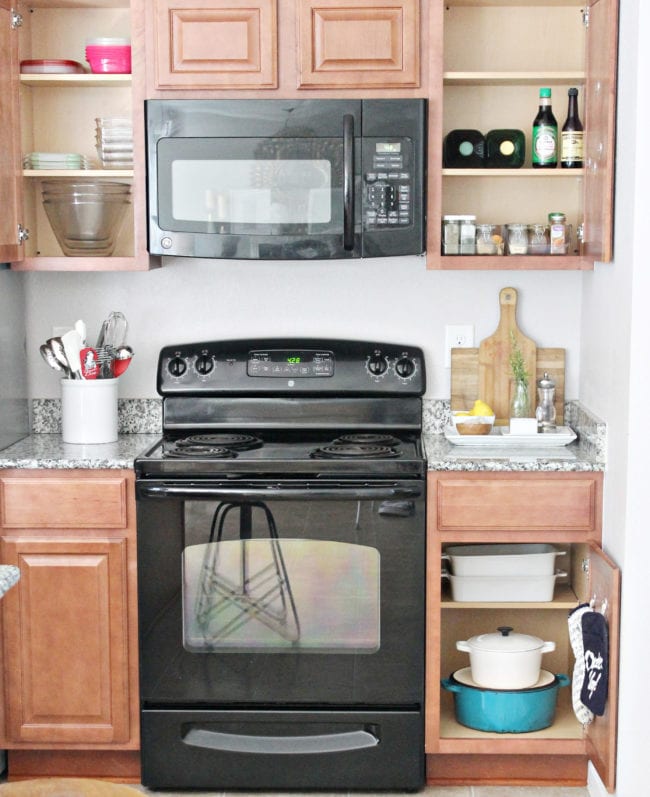 Kitchen Cabinet organization into zones- cabinets by the oven