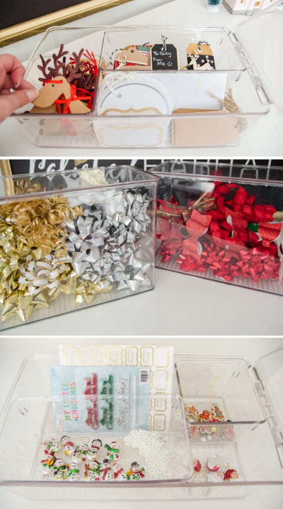 This post is full of ideas for storing every tip of gift wrapping supply. Bows, gift tags, & tissue paper all work great in these storage bins. Especially for organizing Christmas wrap! 