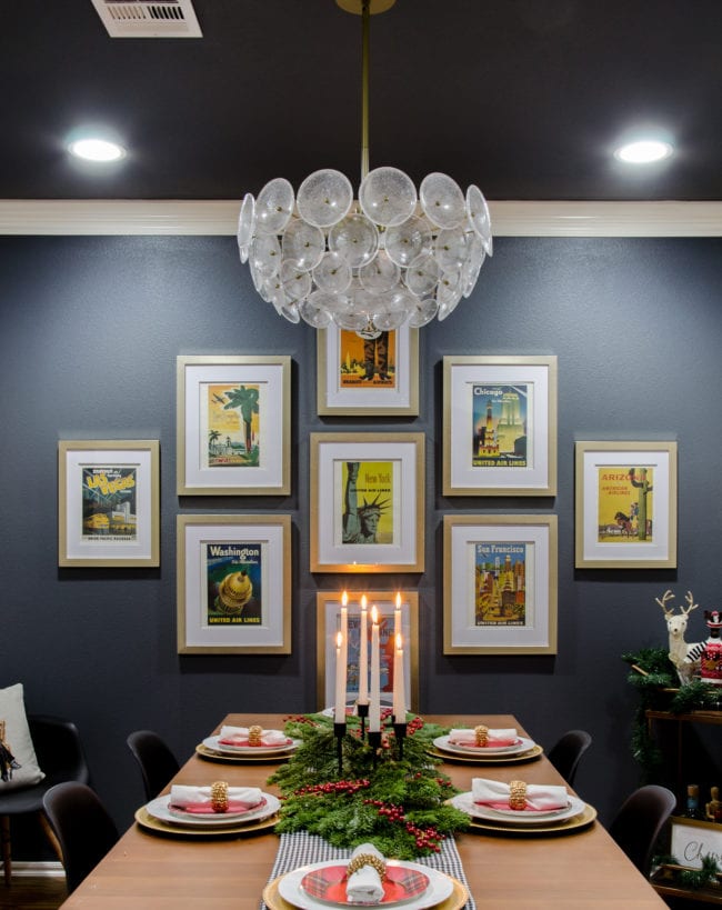 Sherwin Williams Web Gray wall & ceiling in a dining room, with West Elm Mid-Century Expandable Table & black Eames Chairs