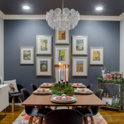 Sherwin Williams Web Gray wall & ceiling in a dining room, with West Elm Mid-Century Expandable Table & black Eames Chairs