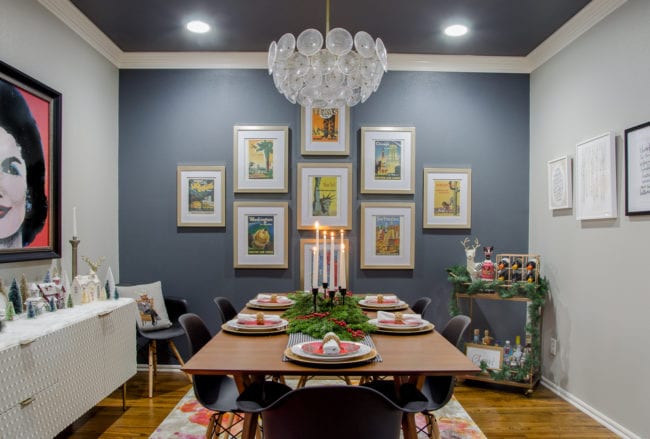 Sherwin Williams Web Gray wall & ceiling in a dining room, with West Elm Mid-Century Expandable Table & black Eames Chairs
