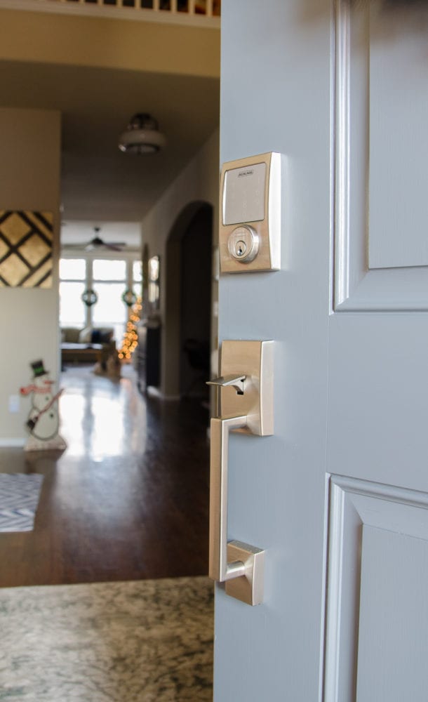 Installing a keyless lock for the front door was easier than we expected! It adds security to the front door in several different ways!