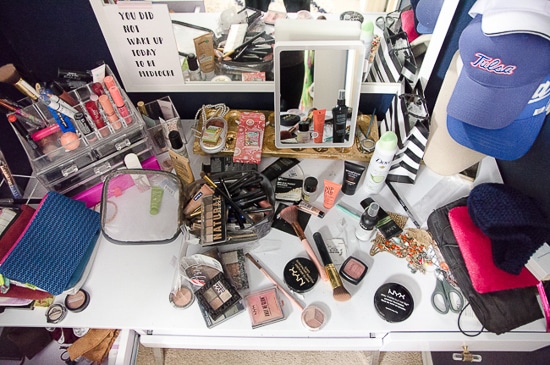 messy makeup on white vanity