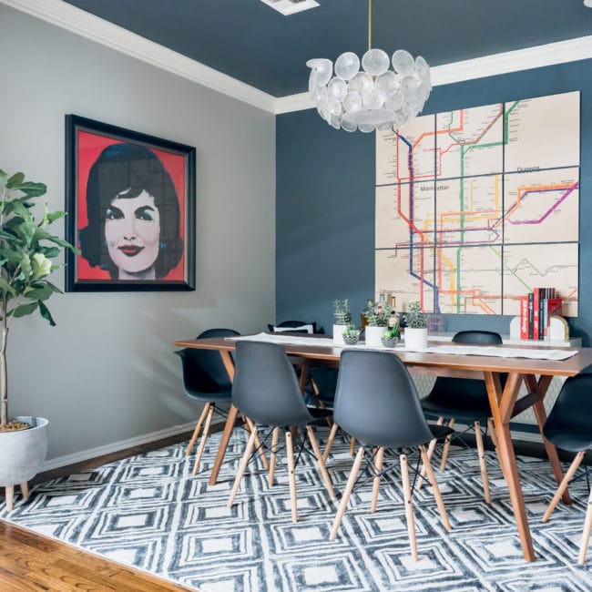 Modern dining room with geometric rug