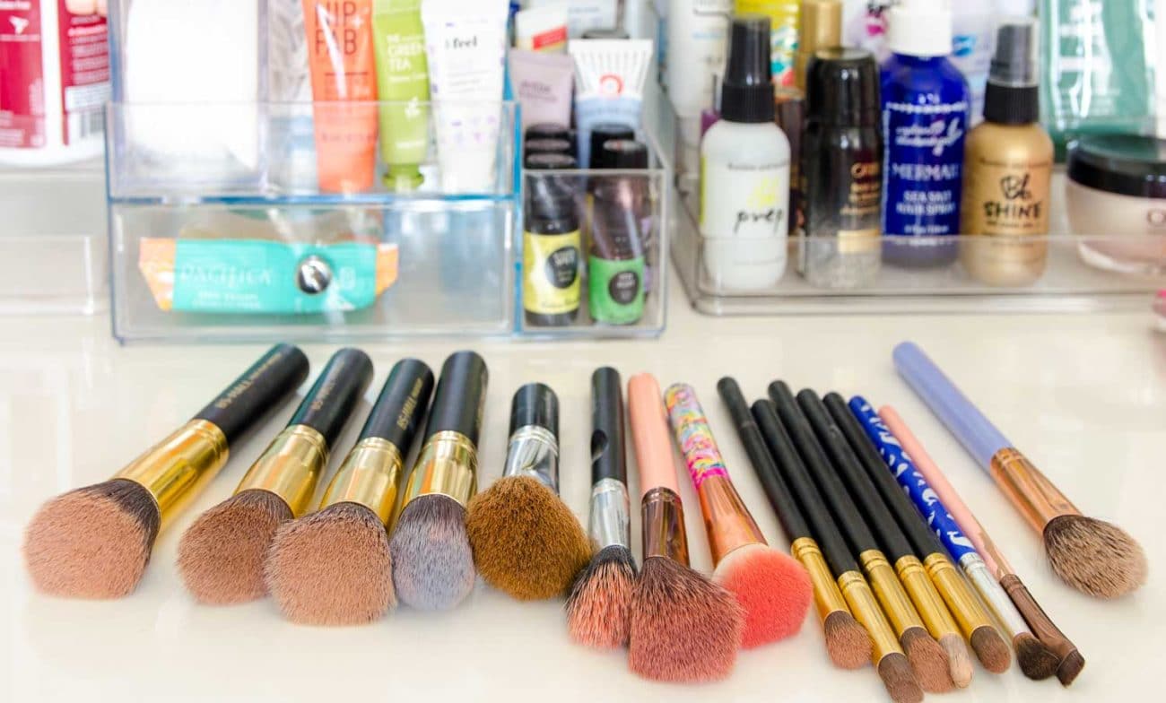 Dirty Makeup brushes on bathroom counter