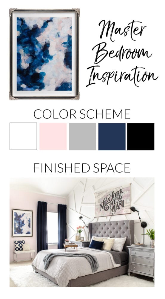 Abstract blue & blush art inspired this master bedroom palette