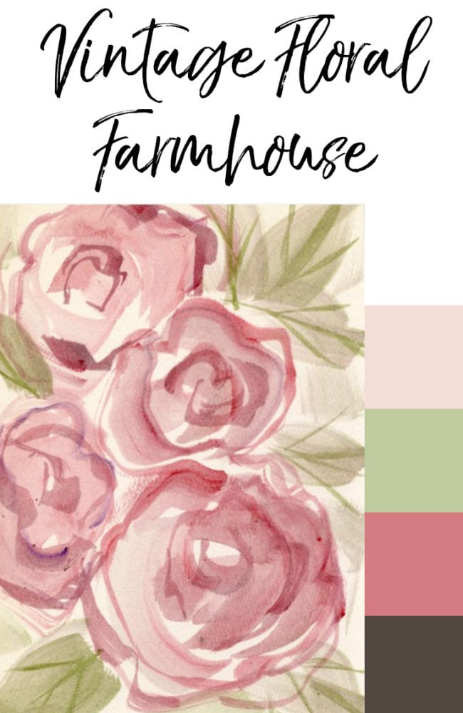 Vintage floral rose painting with pinks and greens 