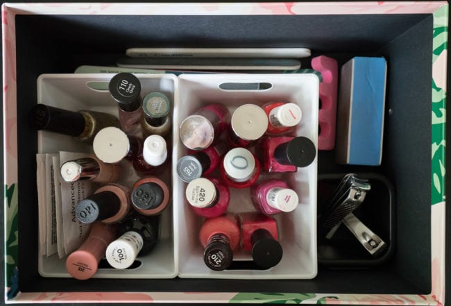 Nail polish storage and organization in a photo box
