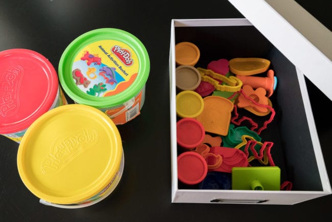 Play-doh and accessories stored / organized in a pretty photo box